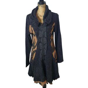 Fleur De Lis Womens Cardigan M Blk/Brwn Sweater Full Zip Ruffled Collar Wool